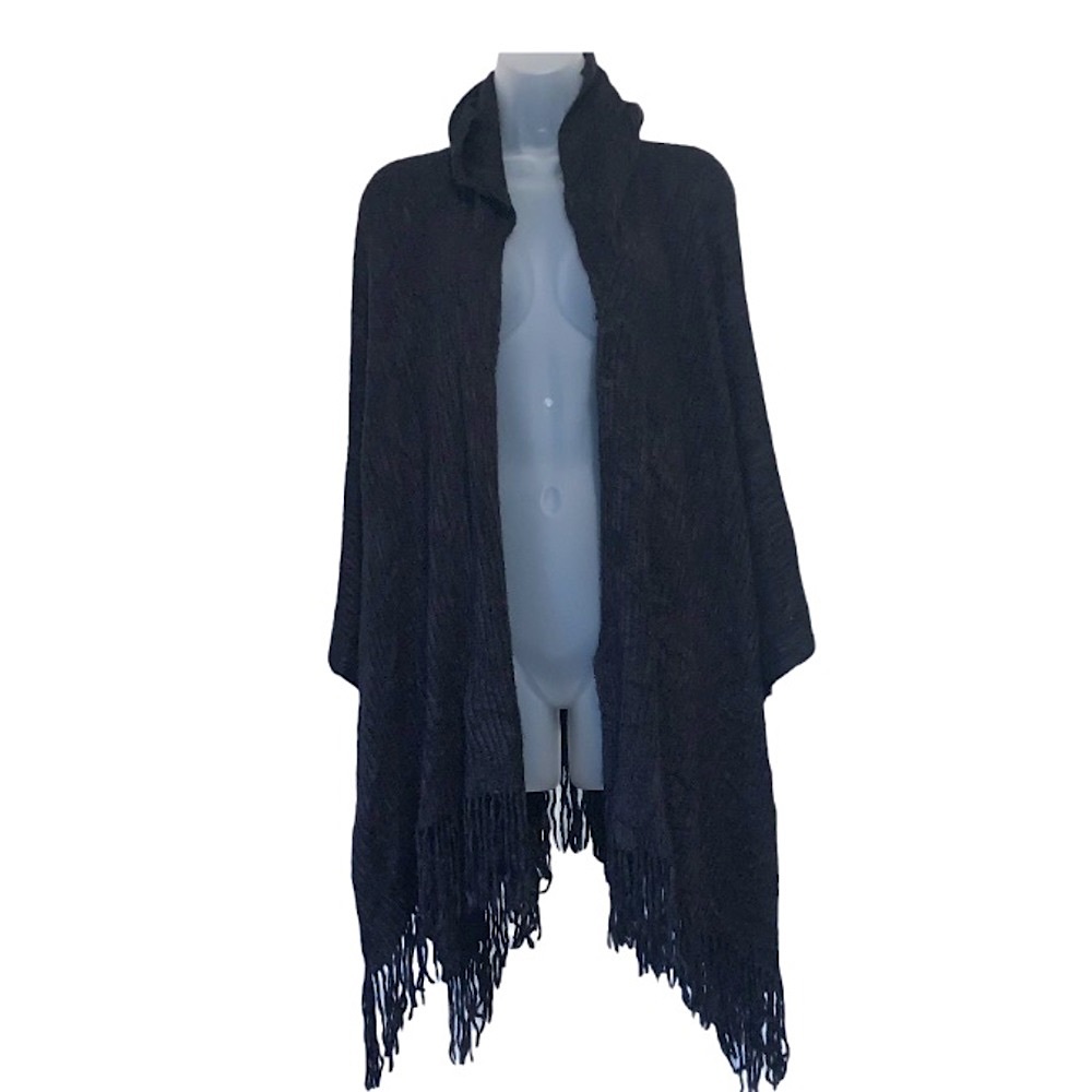 Y2K Black Hooded Fringe Trim Asymmetrical Drape Open Front Knit Jacket Cape Coat